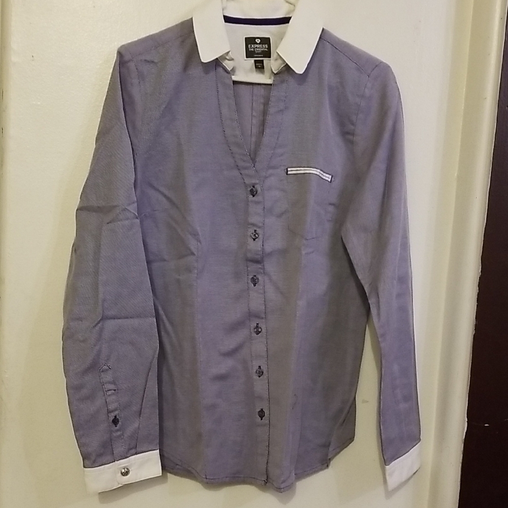 Express Women's Button-Up Blouse in Blue and White